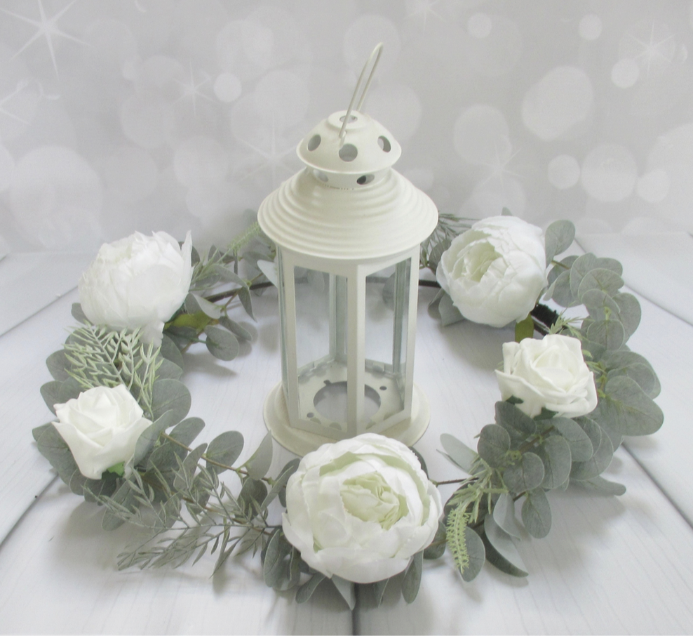 Sage Green Eucalyptus, rose & Peony Wreath centrepiece, sage & white wedding flowers